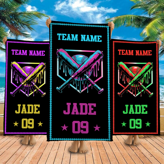 Custom Ice Cream Drip Baseball Beach Towel, Baseball Drip Team Gift For Summer, Personalized Youth Baseball Gift Beach Towel With Name