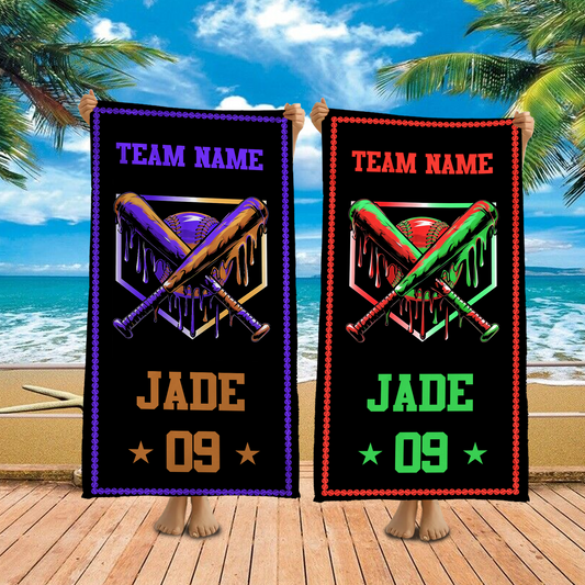 Custom Ice Cream Drip Baseball Beach Towel, Baseball Drip Team Gift For Summer, Personalized Youth Baseball Gift Beach Towel With Name