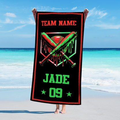 Custom Ice Cream Drip Baseball Beach Towel, Baseball Drip Team Gift For Summer, Personalized Youth Baseball Gift Beach Towel With Name