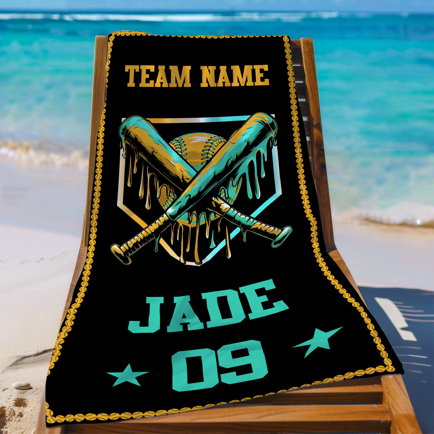 Custom Ice Cream Drip Baseball Beach Towel, Baseball Drip Team Gift For Summer, Personalized Youth Baseball Gift Beach Towel With Name