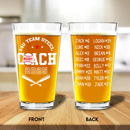 Custom Baseball Coach Gift, Baseball End Of Season Gift For Coach, Custom Pint Glass For Baseball Coach Gift With Member Name